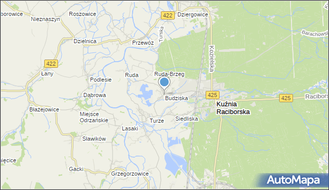 mapa Budziska, Budziska gmina Kuźnia Raciborska na mapie Targeo